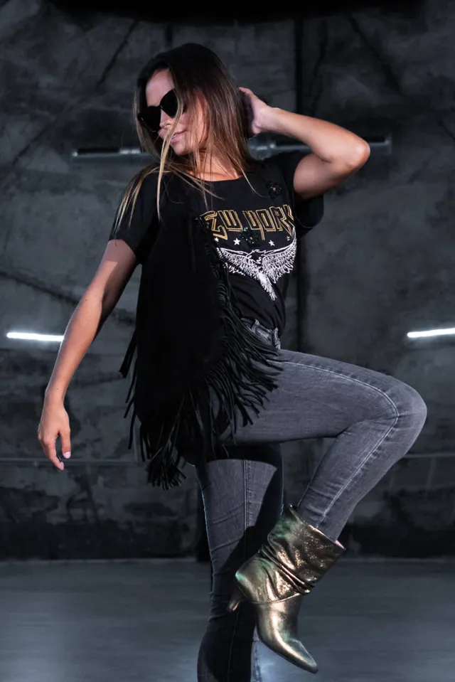 Coralie Masson Tulsa sac à franges noir croûte cuir