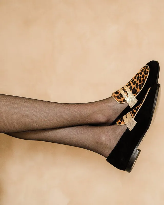 Dessine Moi Un Soulier mocassin plat velours noir léopard champagne