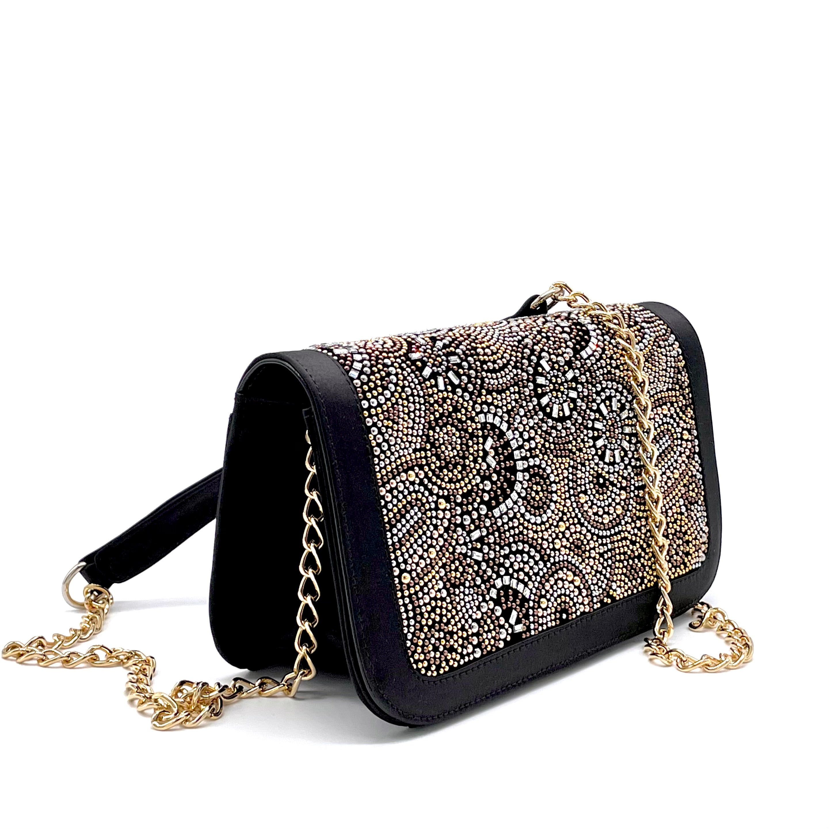 ELATA E840R sac soie noire strass chaîne or 22 cm