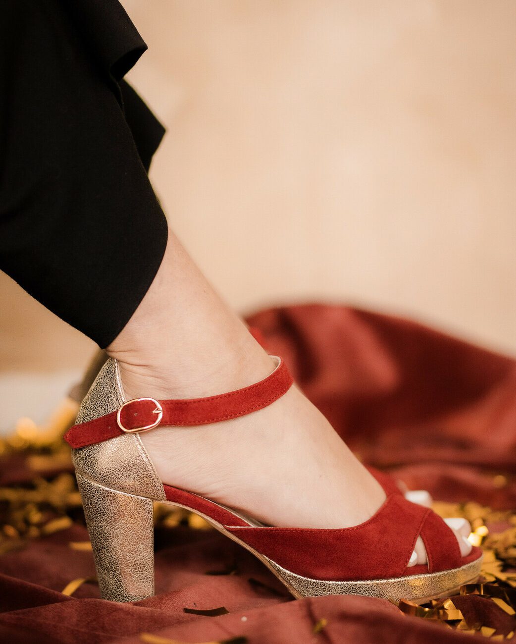 Dessine Moi Un Soulier Salomé velours bordeaux irisé champagne