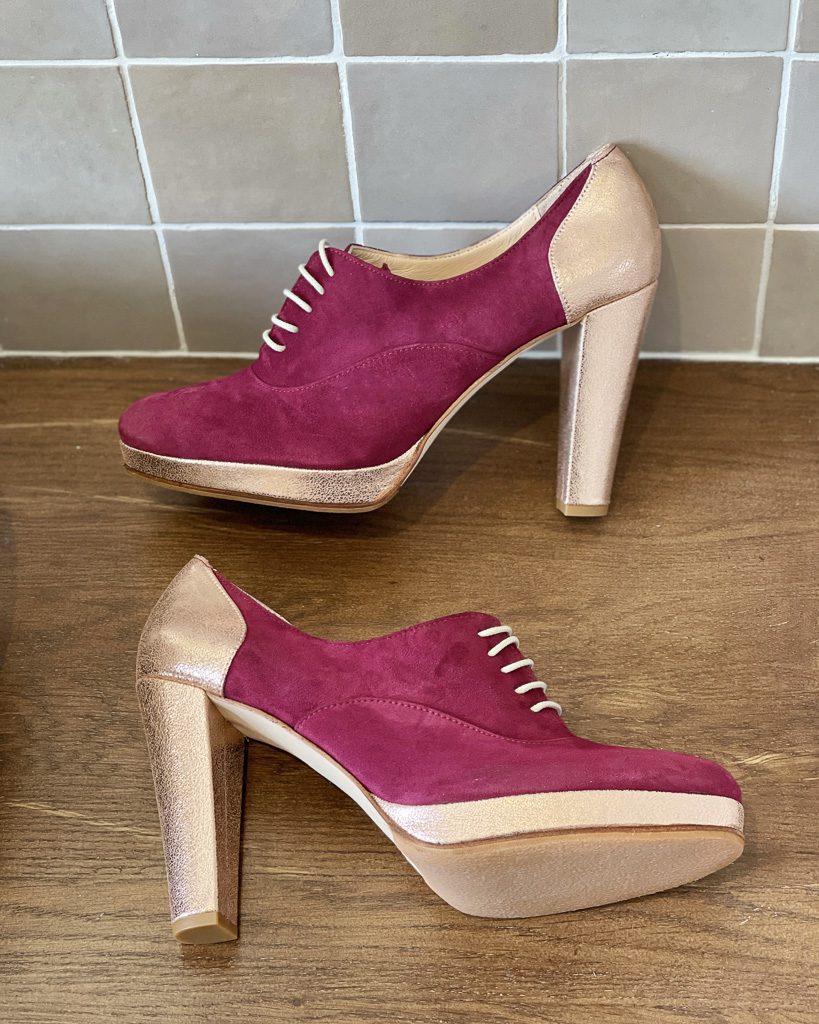 Dessine Moi Un Soulier Richelieu plateforme velours grenat or rose