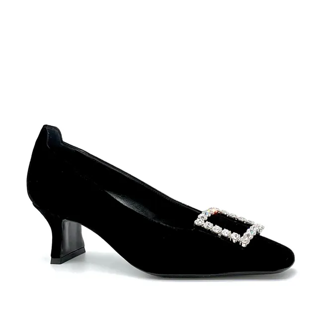 Elata 53512 escarpins velours noir boucle bijou 5,5 cm
