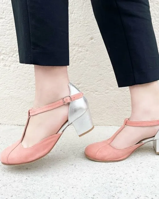 Dessine Moi Un Soulier Salomé velours corail clair irisé argent escarpins