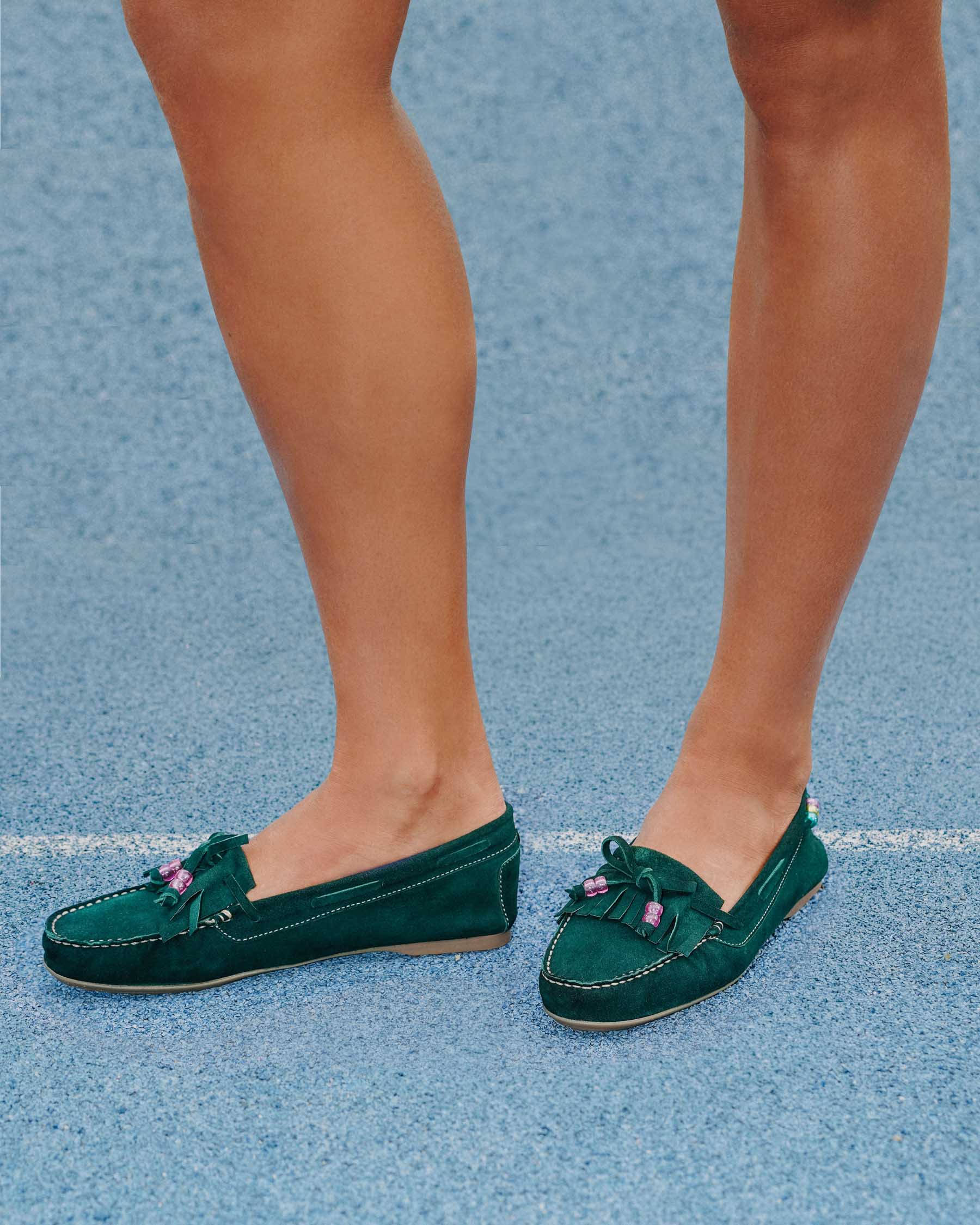 Coralie Masson Janyne mocassins cuir velours vert forêt