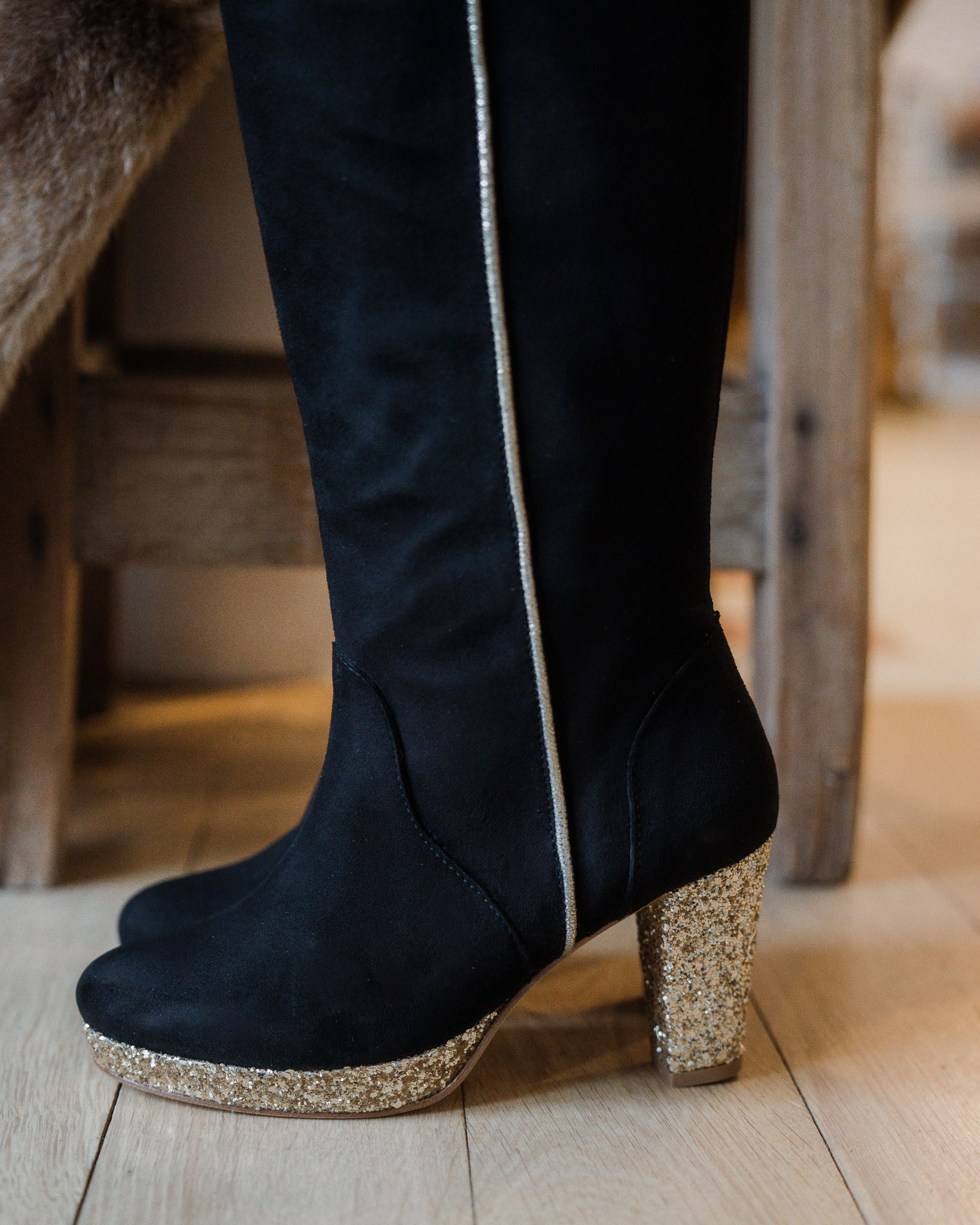 Dessine Moi Un Soulier botte plateforme velours noir champagne