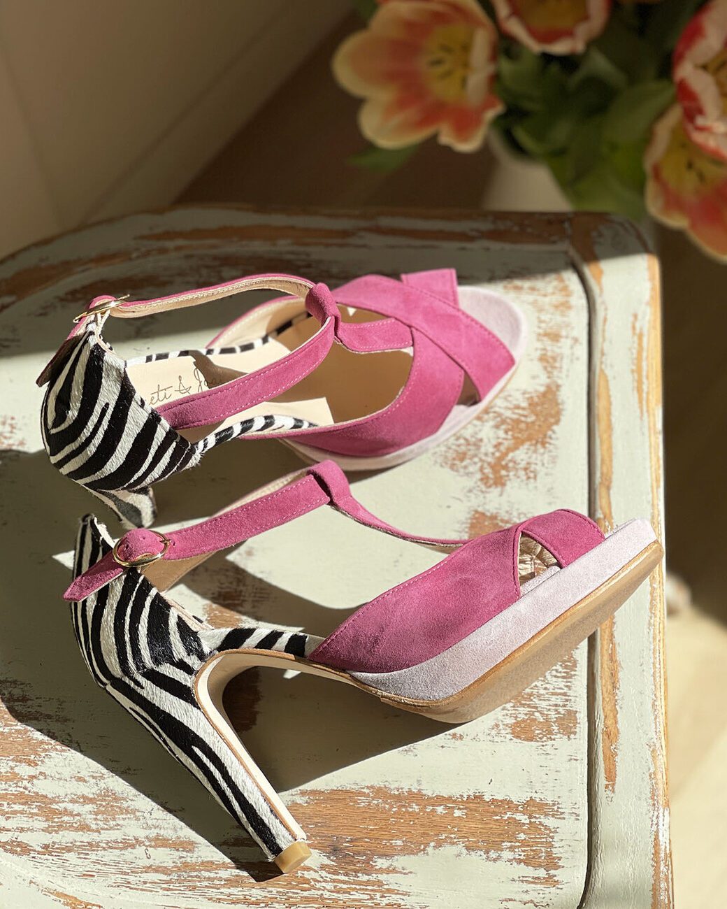 Dessine Moi Un Soulier Salomé velours pivoine zèbre dragée