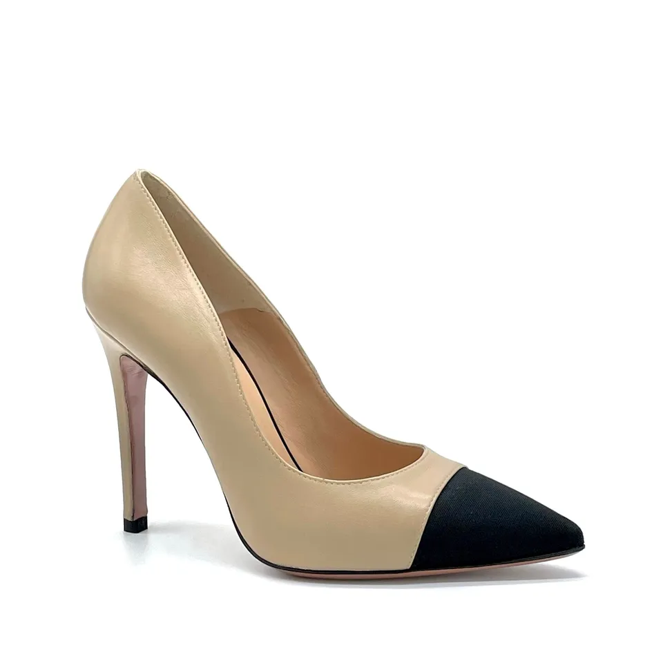 Elata 52557 escarpin cuir beige tissu noir talon 10,5 cm