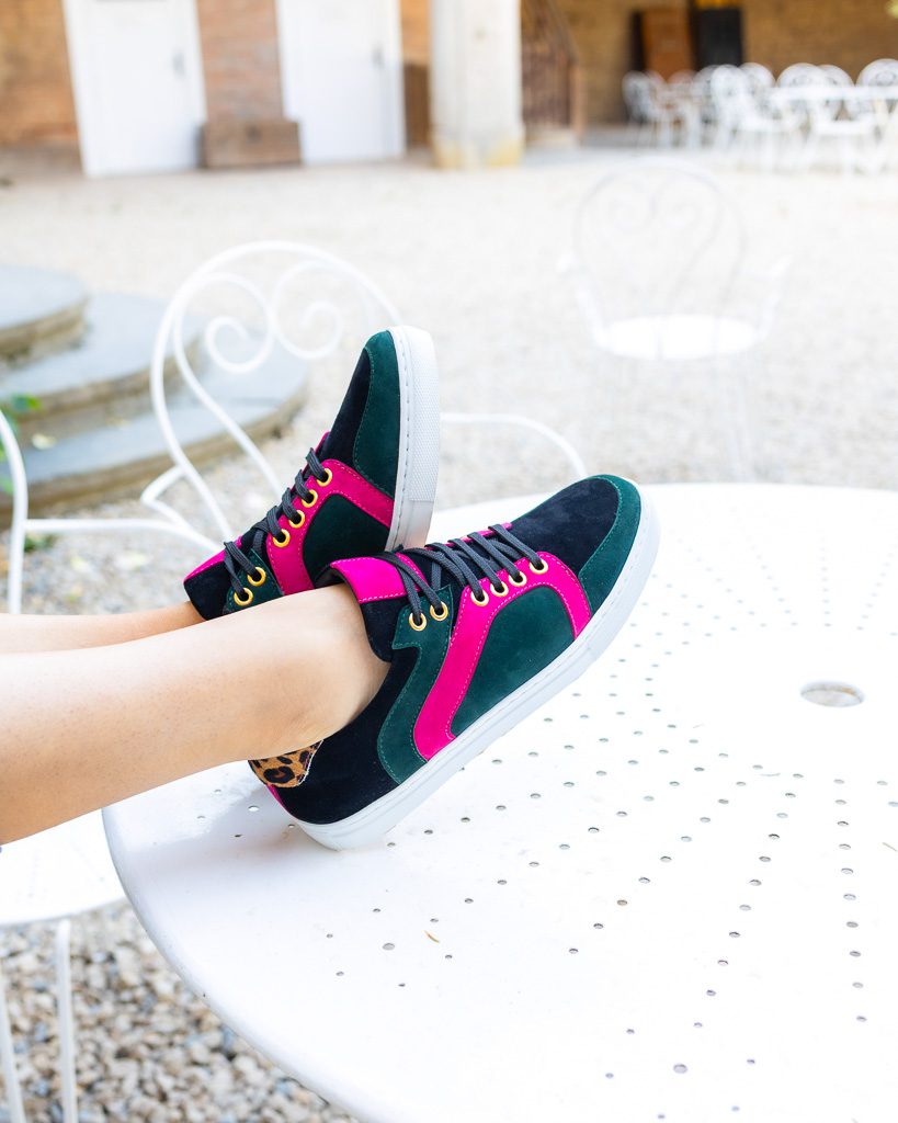Dessine Moi Un Soulier Oscar baskets velours noir vert sapin rose vif
