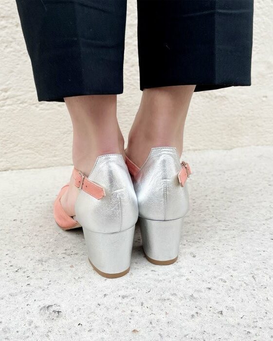 Dessine Moi Un Soulier Salomé velours corail clair irisé argent escarpins