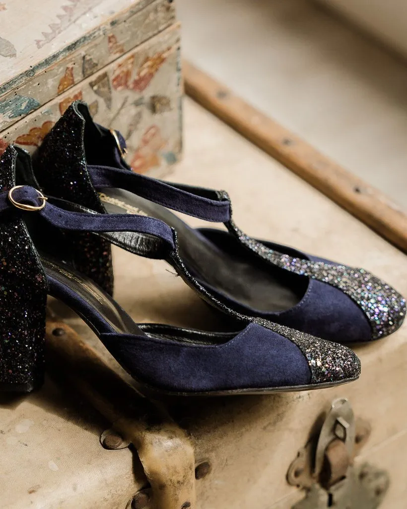Dessine Moi Un Soulier salomé velours marine glitter starlight