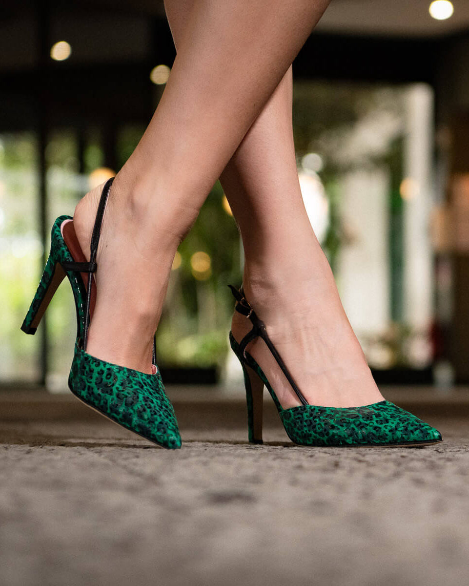 Coralie Masson Slingback escarpins léopard vert talon 9 cm