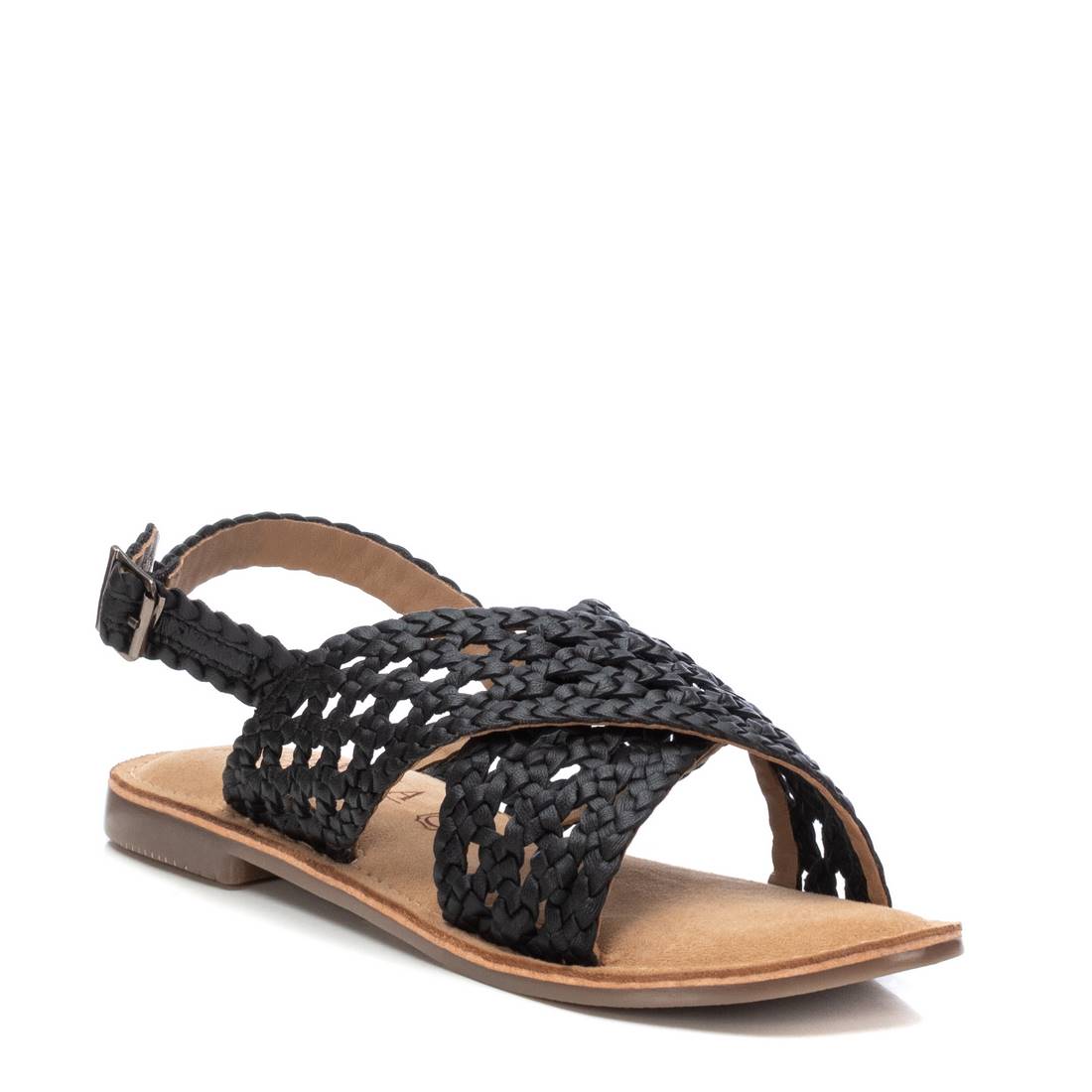 Carmela 16164503 sandale cuir noir tressee plate