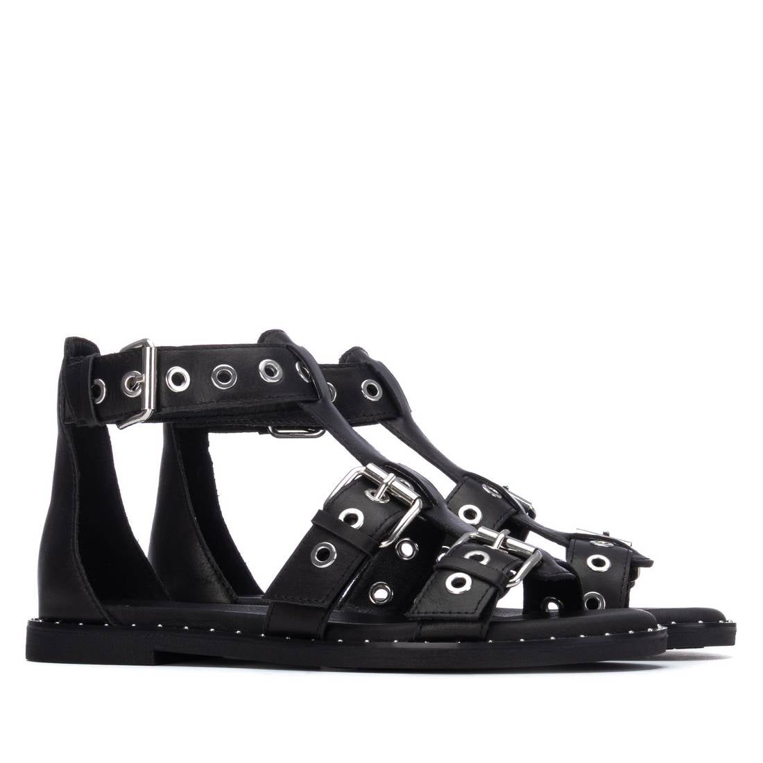 Carmela 16322001 sandale romaine noire cuir plat