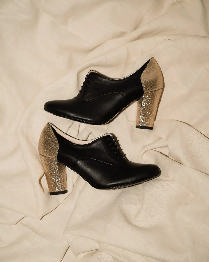 Dessine Moi Un Soulier richelieu talons cuir noir paillettes champagne