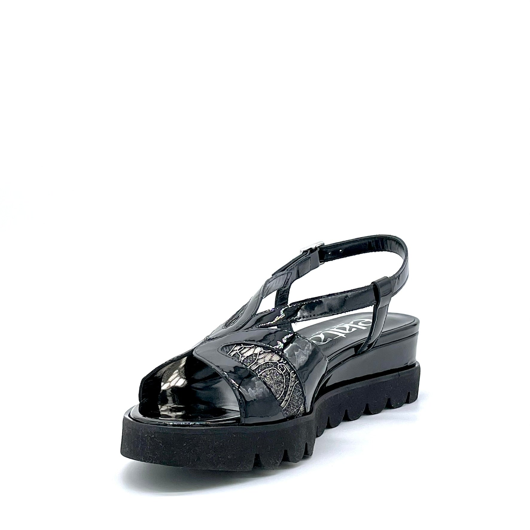 Elata 26201 sandales vernies noires dentelle compensé 5 cm