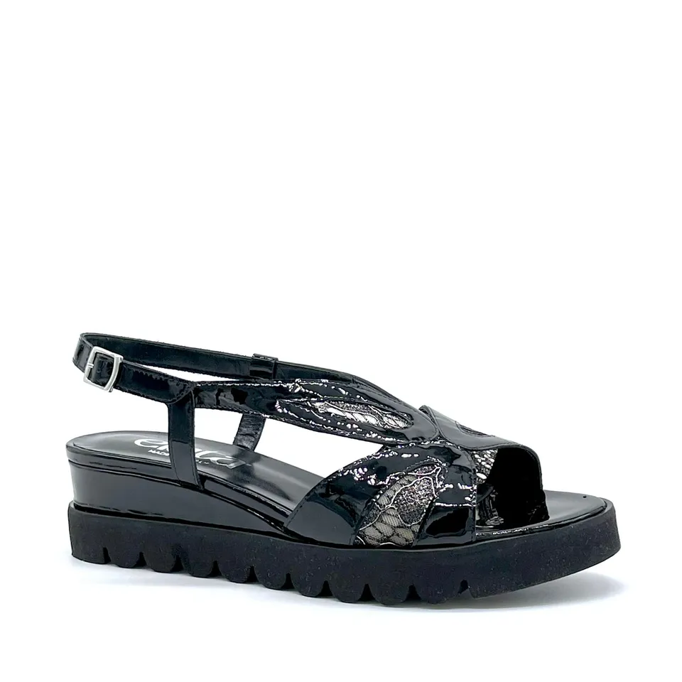 Elata 26201 sandales vernies noires dentelle compensé 5 cm