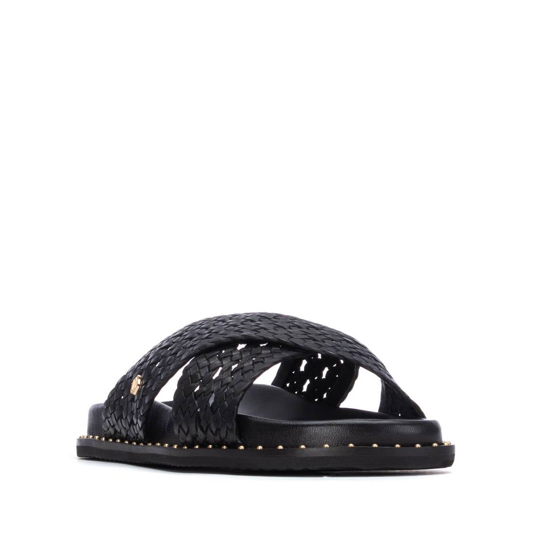 Carmela 16305301 sandale plate noir cuir tressé