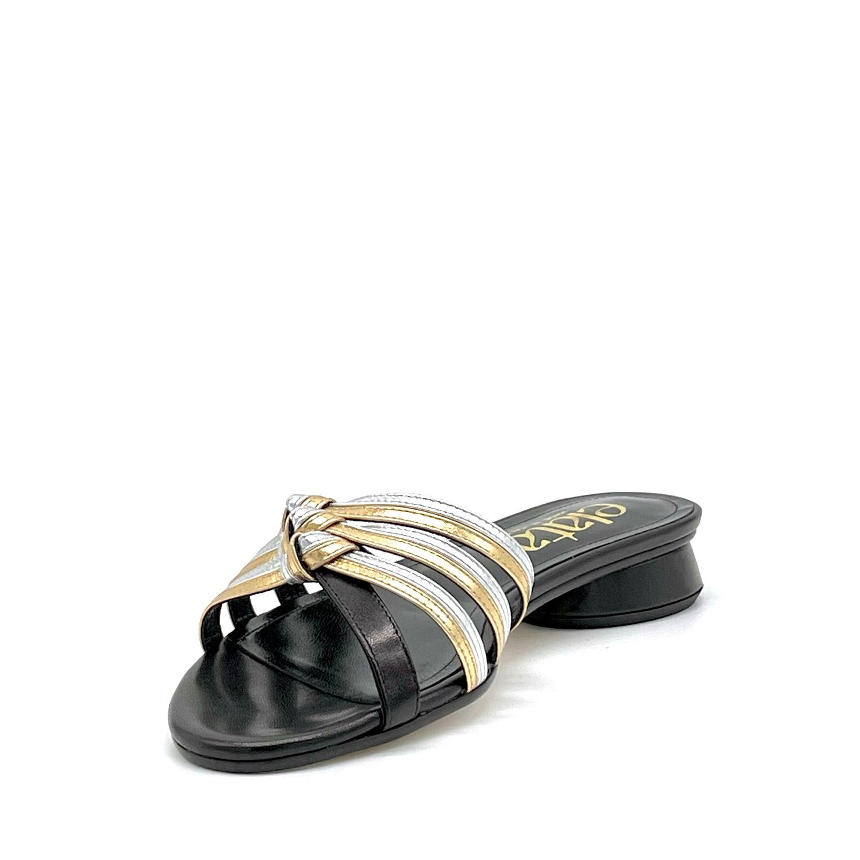 Elata 15184-3 mules cuir noir laminé or talon 1 cm