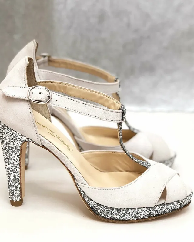 Dessine Moi Un Soulier Salomé velours blanc glitter argent babies