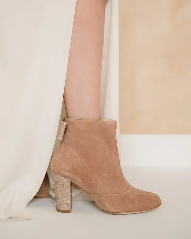 Dessine Moi Un Soulier bottine velours bois de rose paillettes or