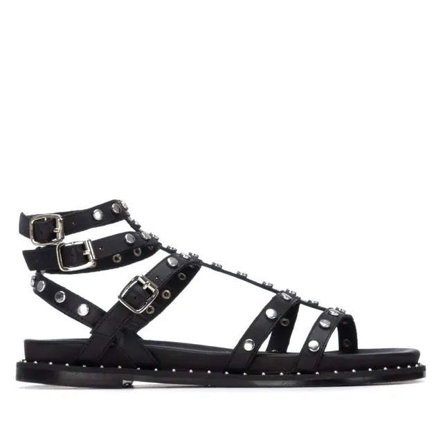Carmela 16320102 sandale femme cuir noir romaine plate clous