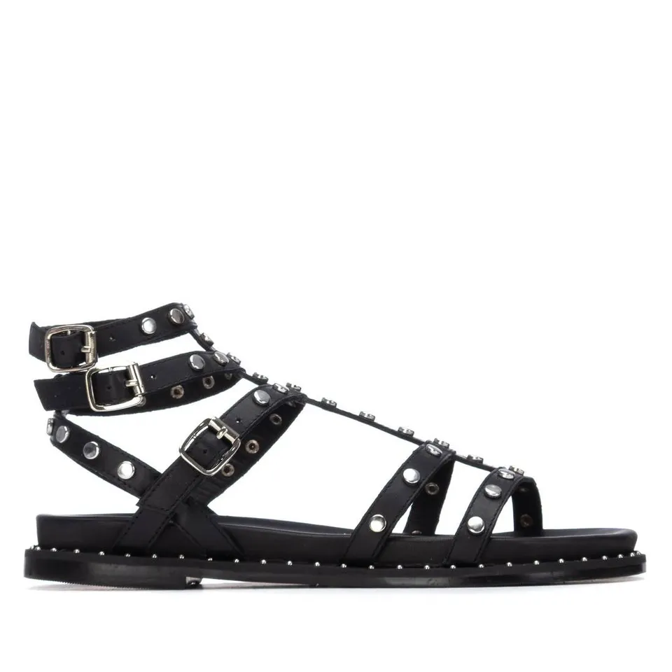 Carmela 16320102 sandale femme cuir noir romaine plate clous