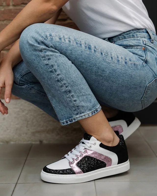 Dessine Moi Un Soulier basket cuir blanc glitter noir lilas
