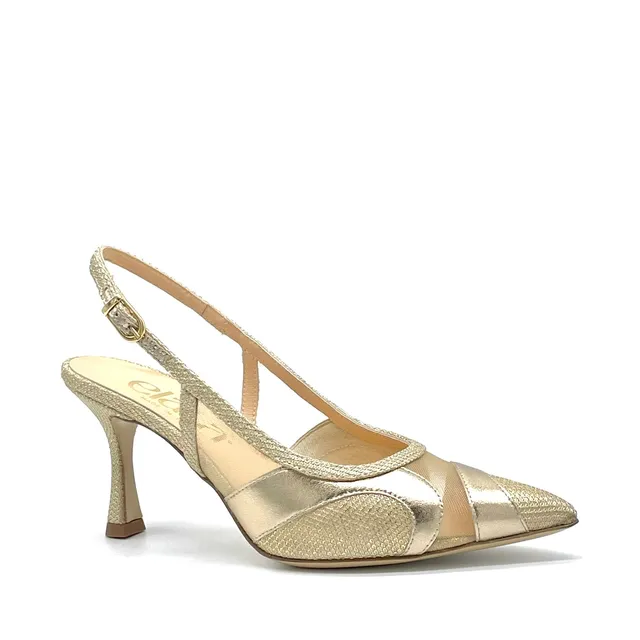 Elata 16146-1 slingback doré laminé résille talon 7,5 cm