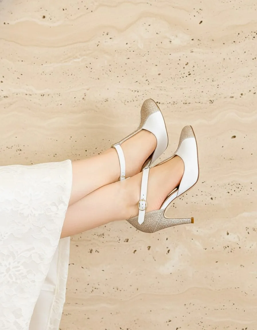 Dessine Moi Un Soulier salomé cuir blanc cassé et or