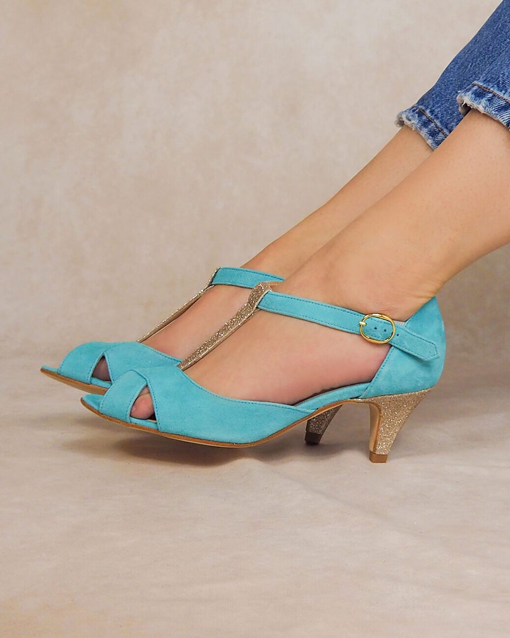 Dessine Moi Un Soulier Salomé Brides Croisées turquoise paillettes or 37,5