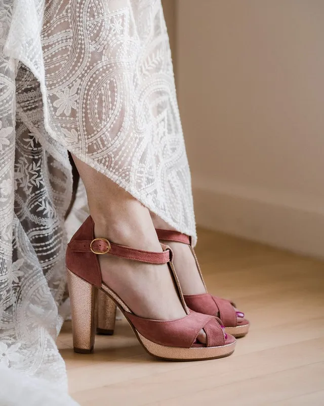 Dessine Moi Un Soulier Salomé plateforme velours rose thé or