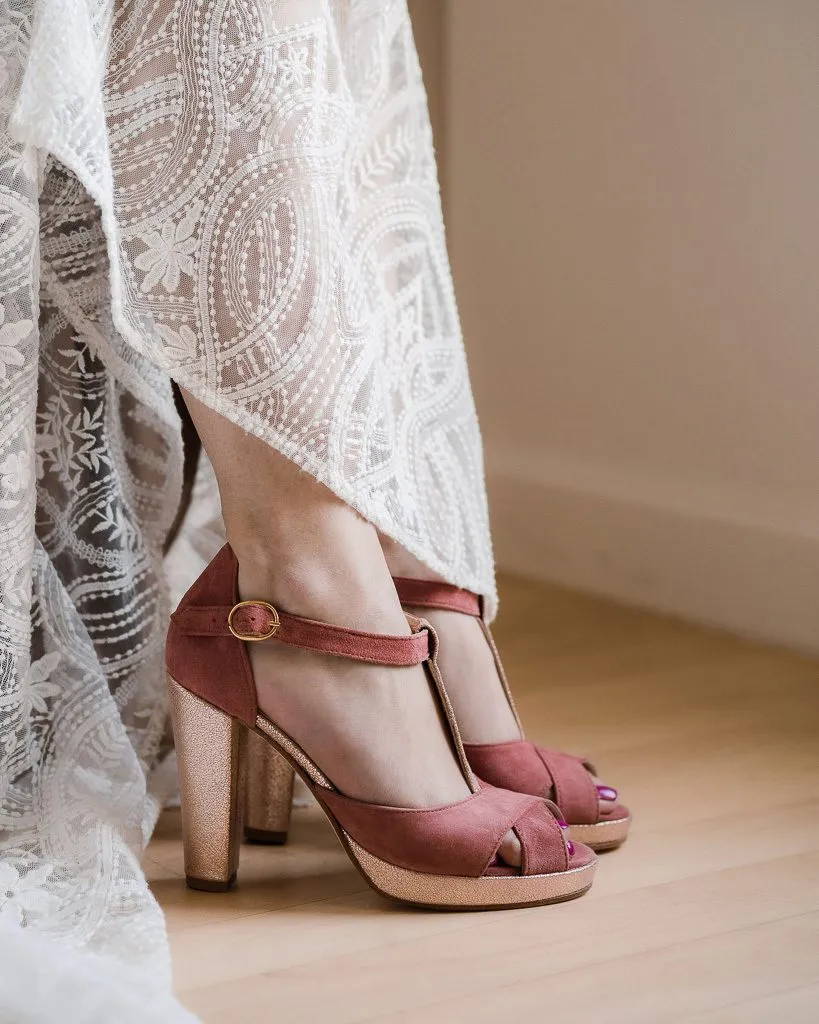 Dessine Moi Un Soulier Salomé plateforme velours rose thé or