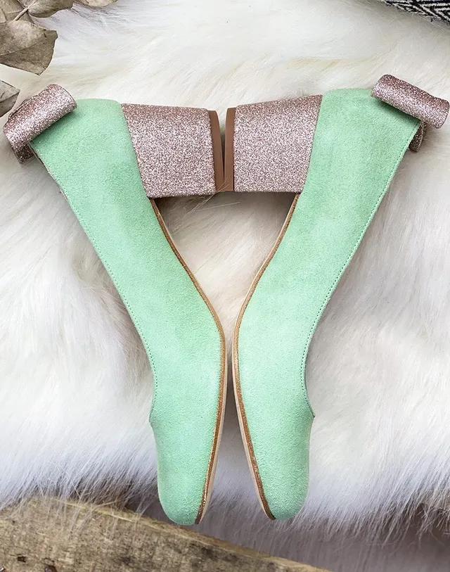 Dessine Moi Un Soulier escarpin velours menthe paillette or blond