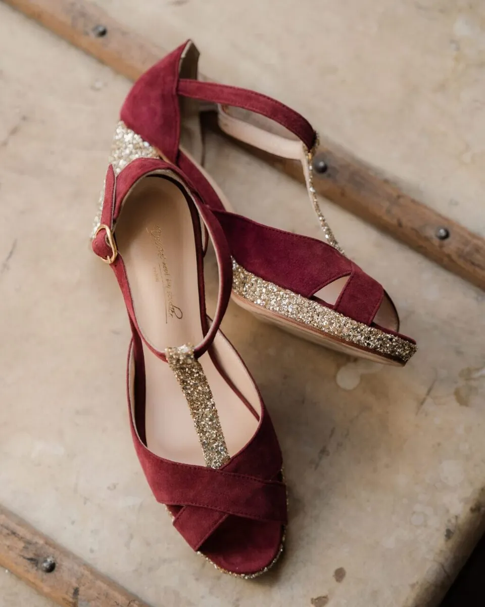 Dessine Moi Un Soulier Salomé velours bordeaux champagne