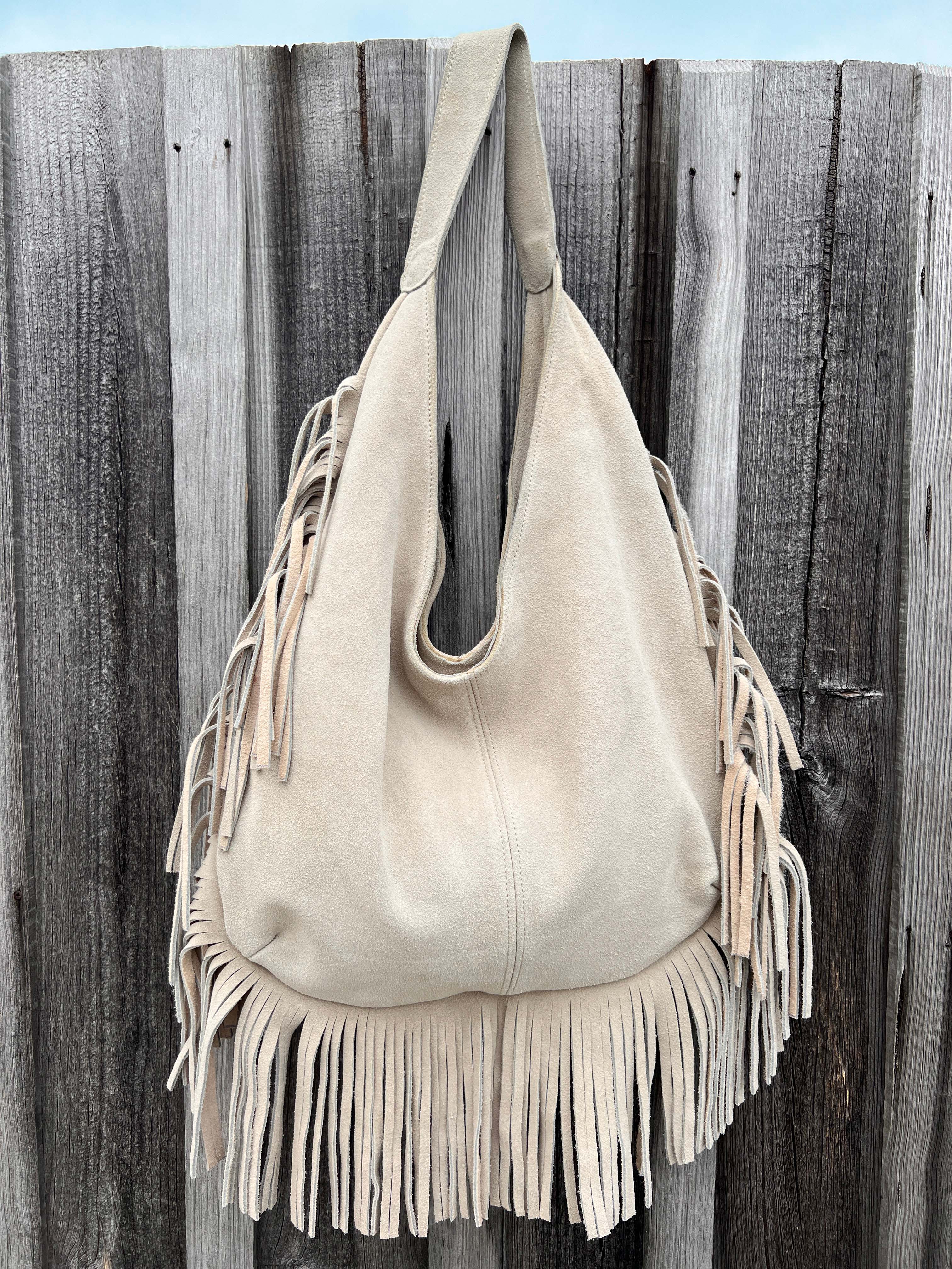 Coralie Masson Tulsa sac cuir beige franges 37x45 cm