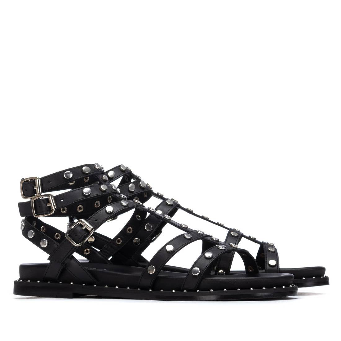 Carmela 16320102 sandale femme cuir noir romaine plate clous