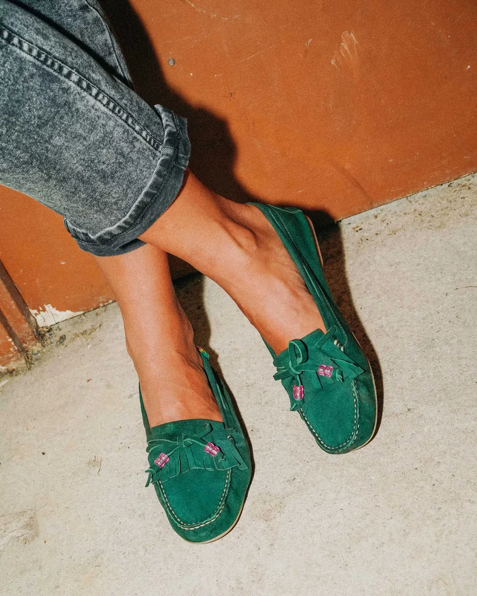 Coralie Masson Janyne mocassins cuir velours vert forêt