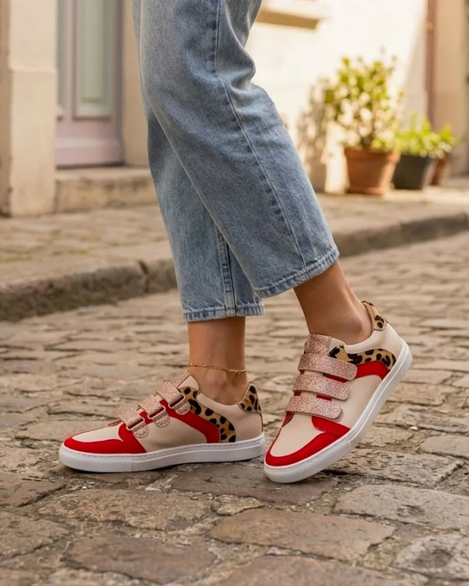 Dessine Moi Un Soulier basket cuir blanc cassé pastèque léopard