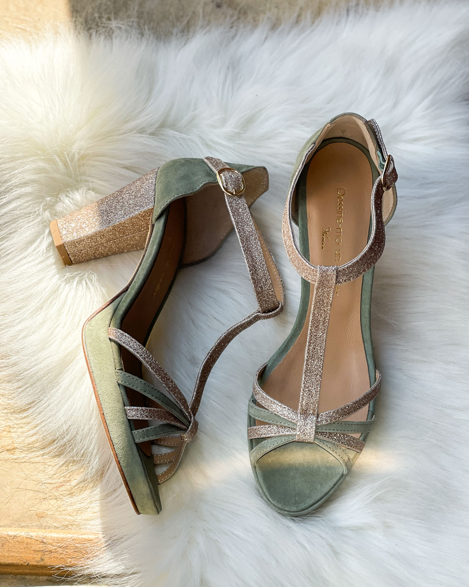 Dessine Moi Un Soulier sandale Chloé vert sauge paillettes or
