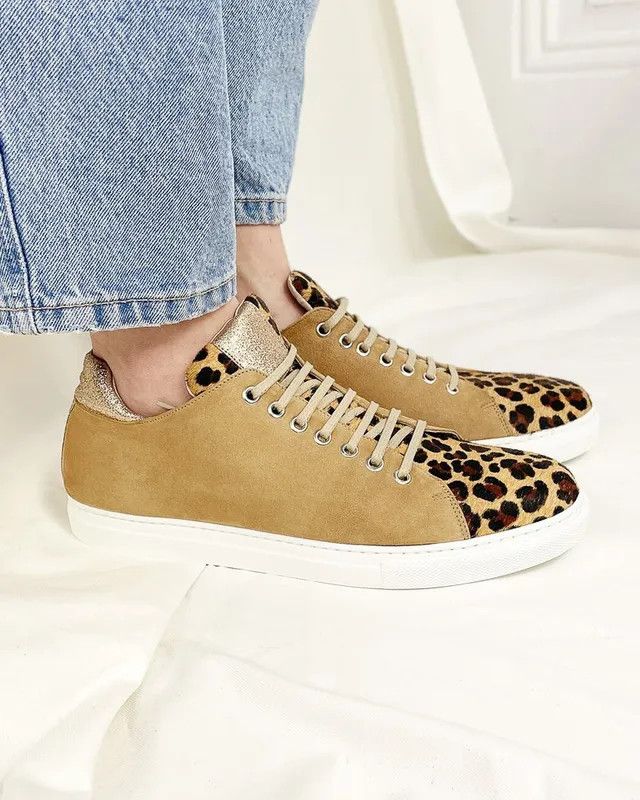 Dessine Moi Un Soulier baskets velours camel léopard champagne