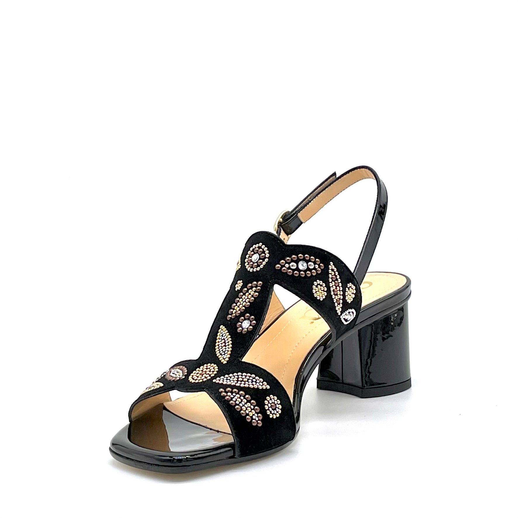 ELATA 15163 sandales vernis noir strass dorés 5,5 cm