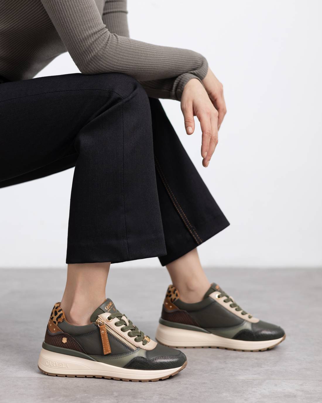 Carmela 16244204 basket cuir kaki semelle amovible