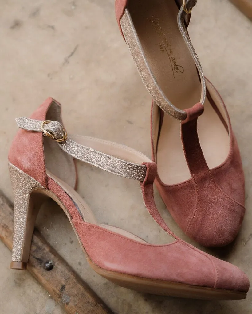 Dessine Moi Un Soulier Salomé salomé velours rose thé paillette or