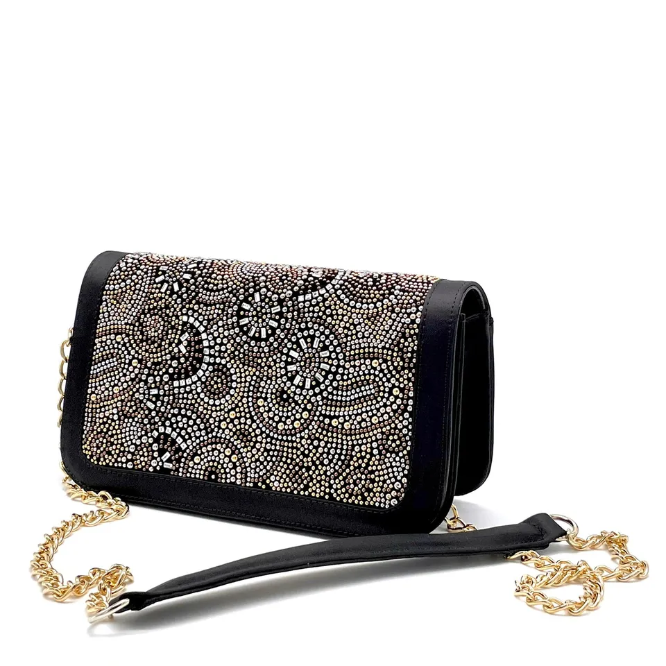 ELATA E840R sac soie noire strass chaîne or 22 cm