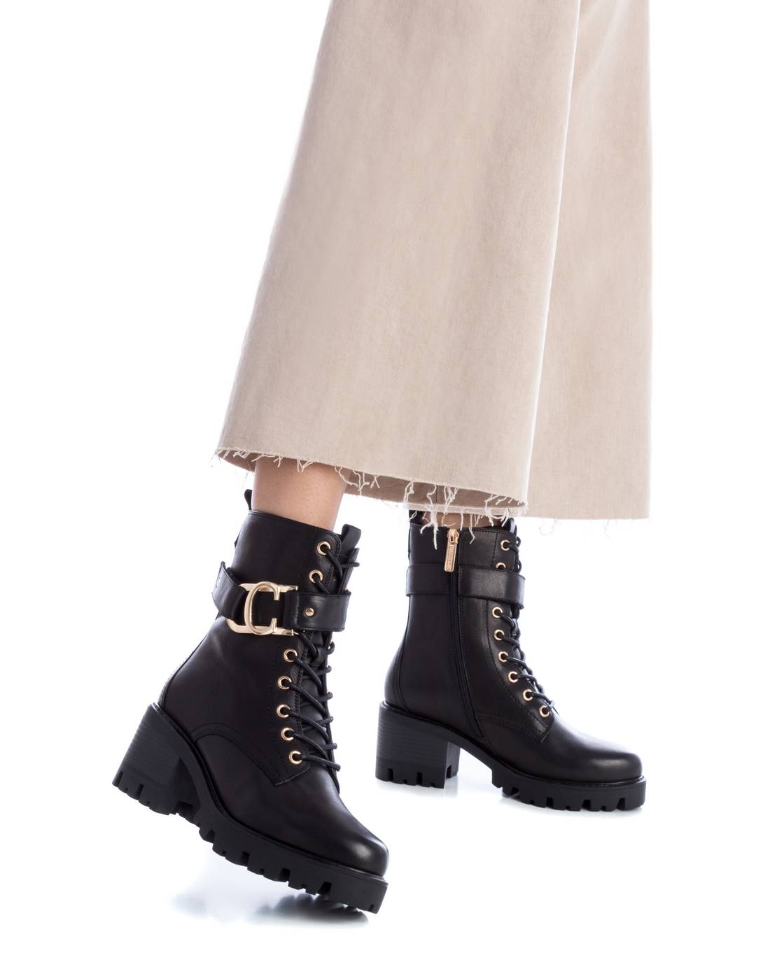 Carmela 16107502 boots femme cuir noir militaire talon 7 cm