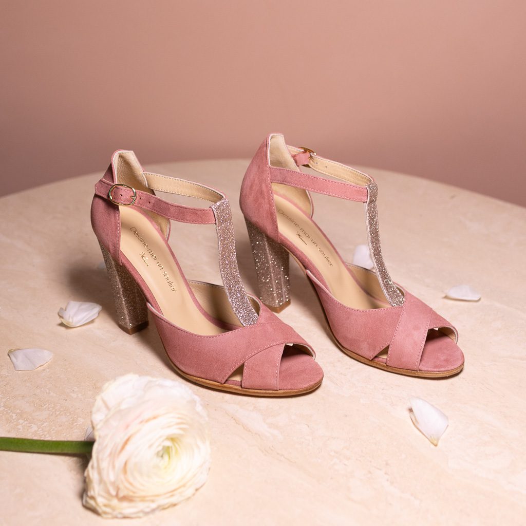 Dessine Moi Un Soulier salomé rose anglais paillette dorée
