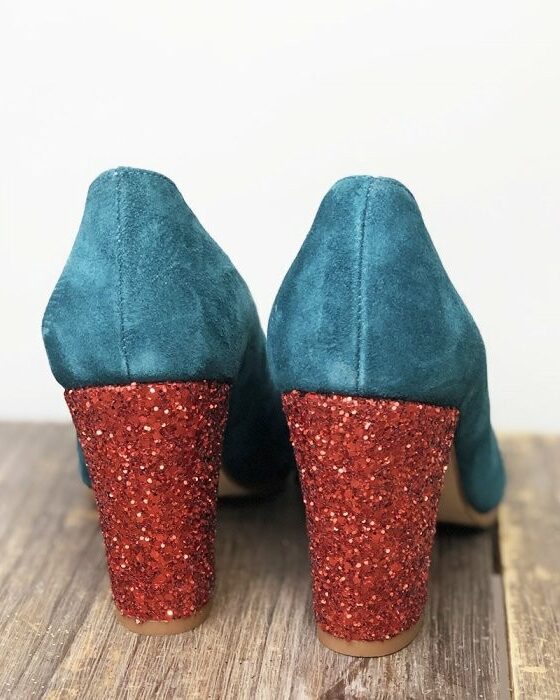 Dessine Moi Un Soulier Escarpin velours bleu canard glitter rouge