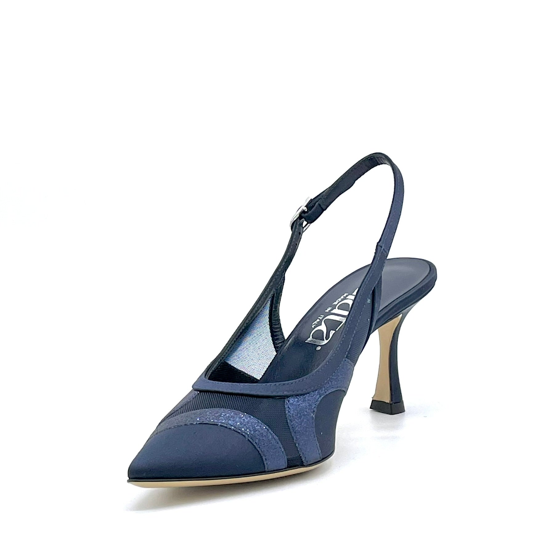 Elata 16146 slingback satin bleu glitter talon 7,5 cm