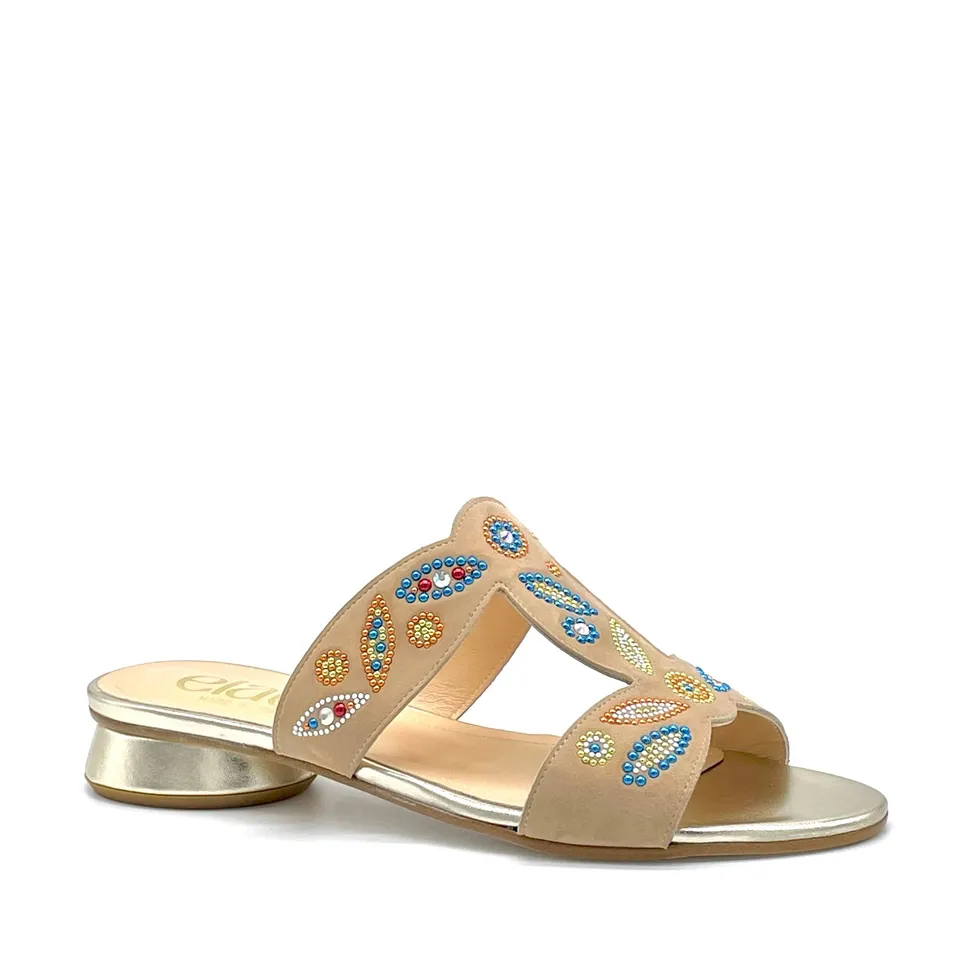 Elata 15181-1 mule suède sable doré strass talon 1 cm