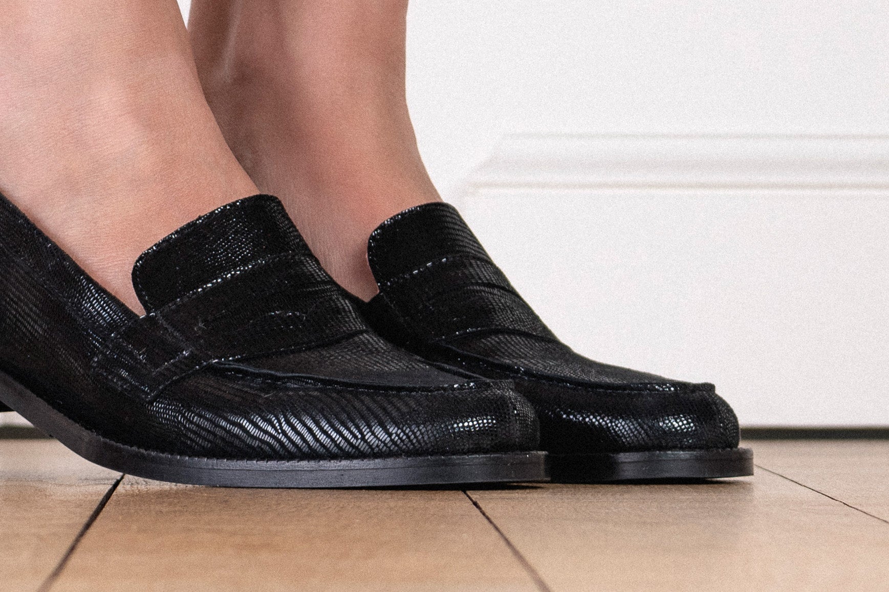 Coralie Masson Joey mocassins cuir noir irisé talon 2 cm